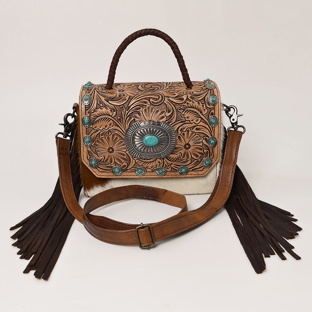 ADBG1388B American Darling Western Leather Small Crossbody Bag with Hair-On Cowhide and Tooled Flap