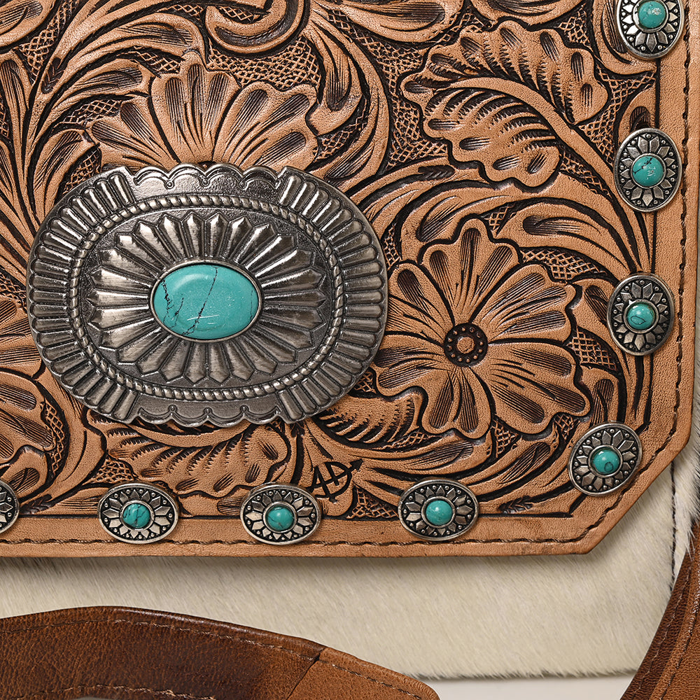 ADBG1388B American Darling Western Leather Small Crossbody Bag with Hair-On Cowhide and Tooled Flap