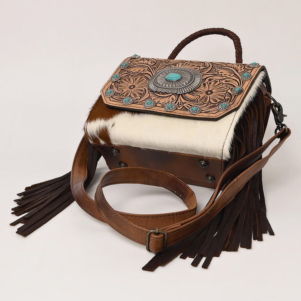 ADBG1388B American Darling Western Leather Small Crossbody Bag with Hair-On Cowhide and Tooled Flap