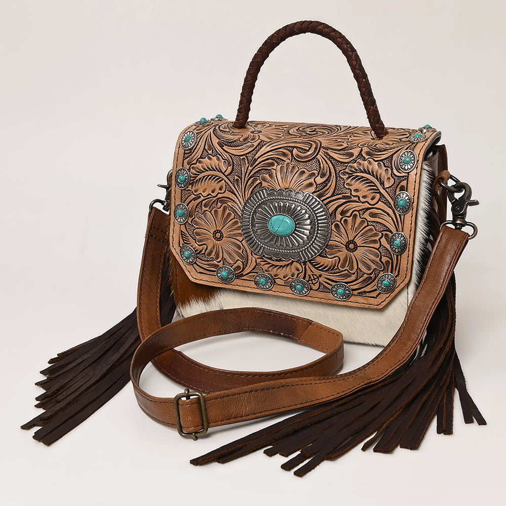 ADBG1388B American Darling Western Leather Small Crossbody Bag with Hair-On Cowhide and Tooled Flap