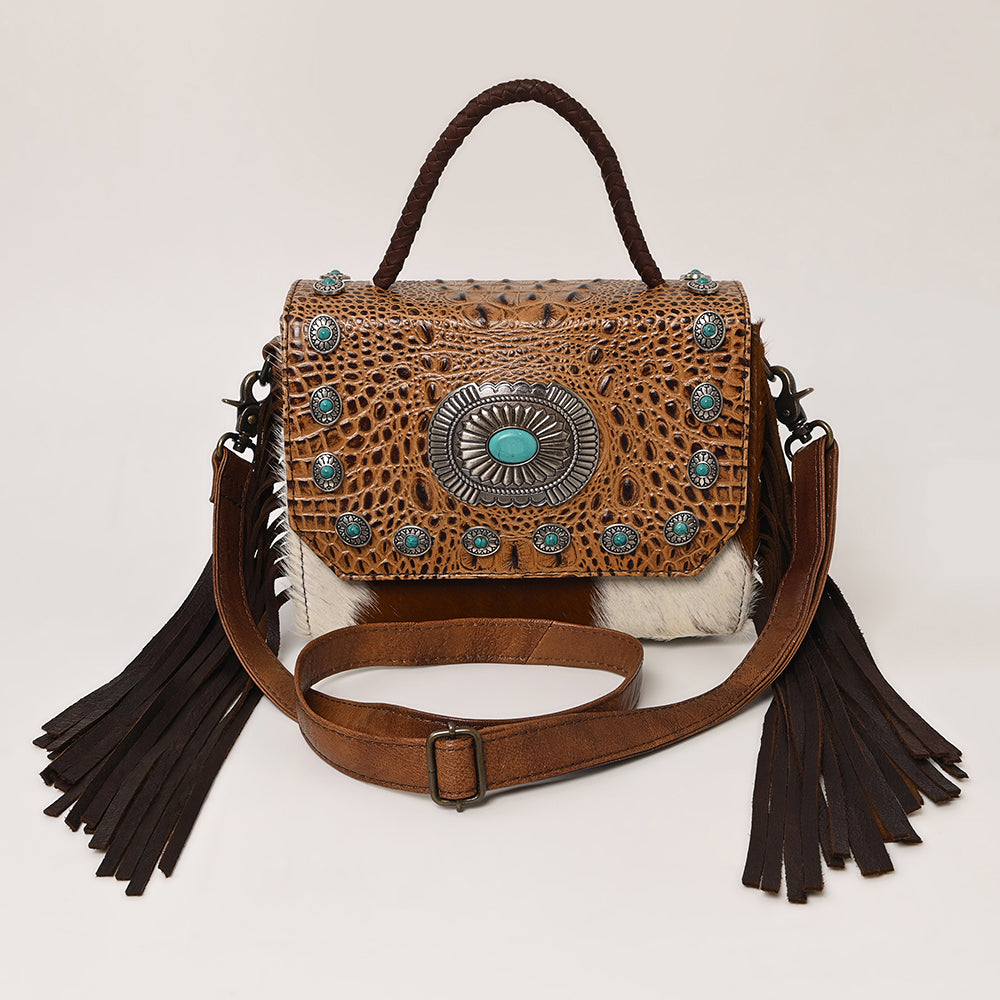 ADBG1388C American Darling Western Leather Small Crossbody Bag with Hair-On Cowhide & Embossed Concho Detail