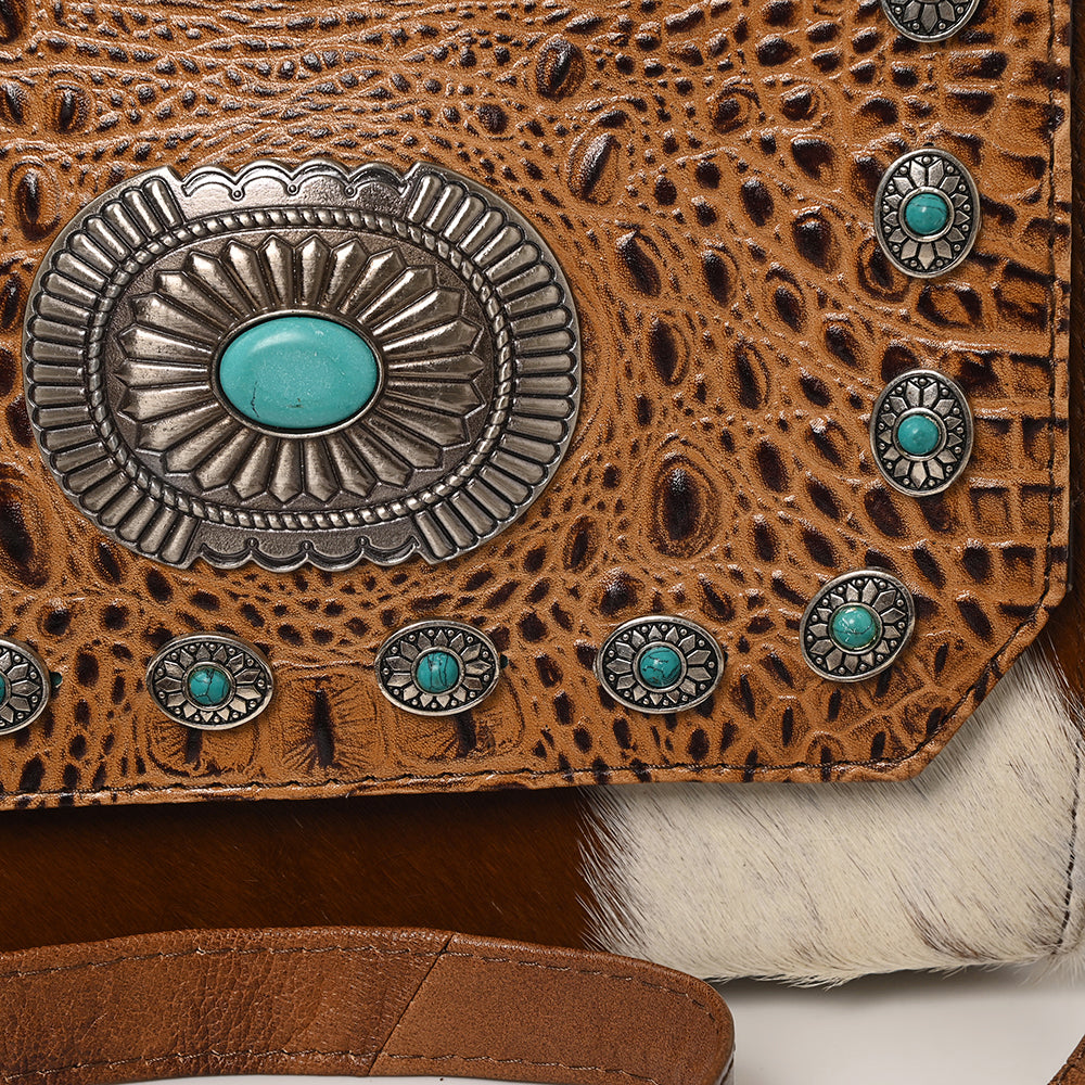 ADBG1388C American Darling Western Leather Small Crossbody Bag with Hair-On Cowhide & Embossed Concho Detail
