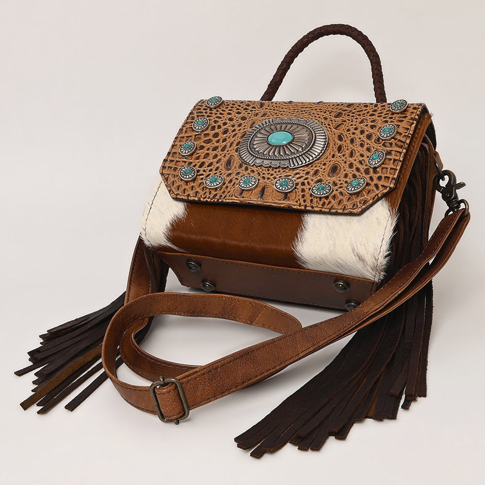 ADBG1388C American Darling Western Leather Small Crossbody Bag with Hair-On Cowhide & Embossed Concho Detail