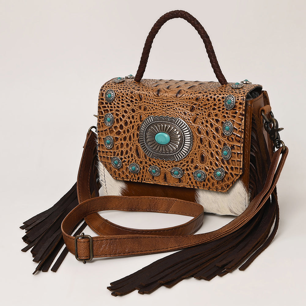 ADBG1388C American Darling Western Leather Small Crossbody Bag with Hair-On Cowhide & Embossed Concho Detail