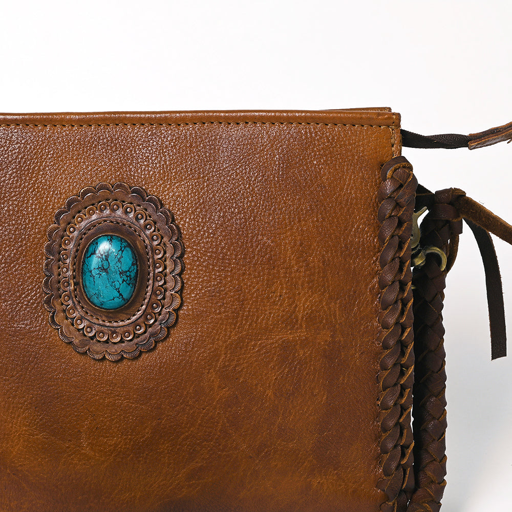 ADBGM335 Leather Crossbody Bag with Turquoise Concho & Braided Strap - Handmade Western Purse