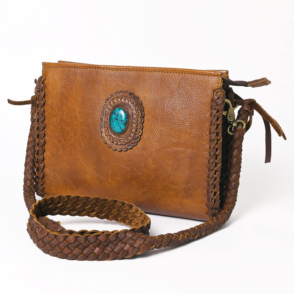 ADBGM335 Leather Crossbody Bag with Turquoise Concho & Braided Strap - Handmade Western Purse