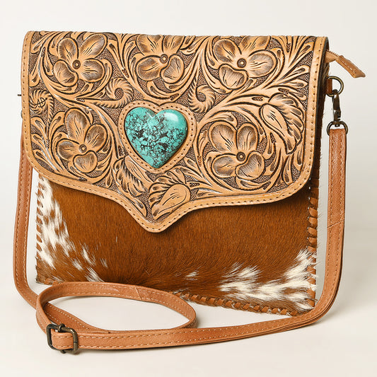 ADBG1389 American Darling Western Leather Crossbody with Hair-On Cowhide & Hand-Tooled Floral Detail