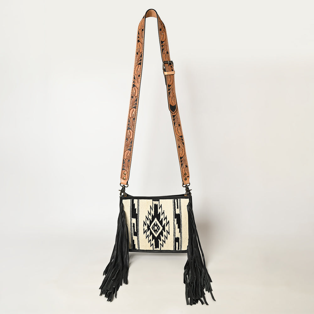 ADBG324 Southwestern Wool Saddle Blanket Messenger Bag with Tooled Leather Strap & Fringe