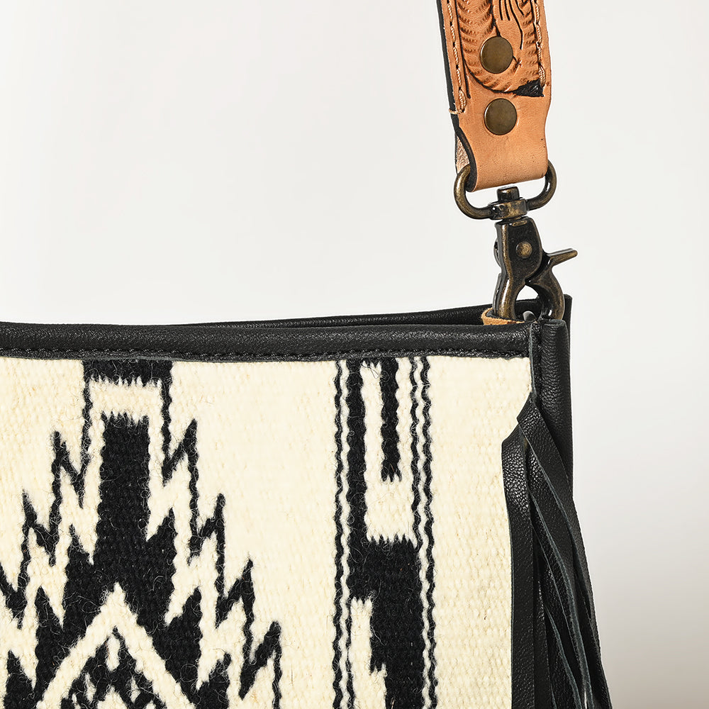 ADBG324 Southwestern Wool Saddle Blanket Messenger Bag with Tooled Leather Strap & Fringe