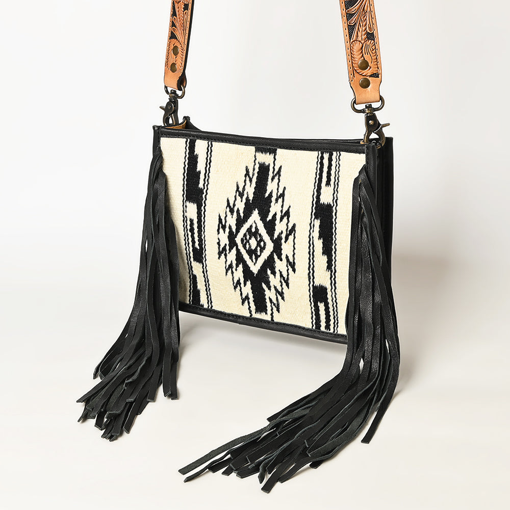 ADBG324 Southwestern Wool Saddle Blanket Messenger Bag with Tooled Leather Strap & Fringe