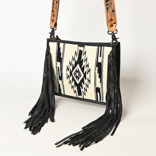 ADBG324 Southwestern Wool Saddle Blanket Messenger Bag with Tooled Leather Strap & Fringe