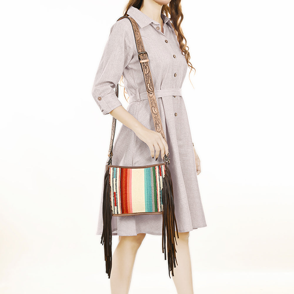 ADBG324 Southwestern Wool Saddle Blanket Messenger Bag with Tooled Leather Strap & Fringe