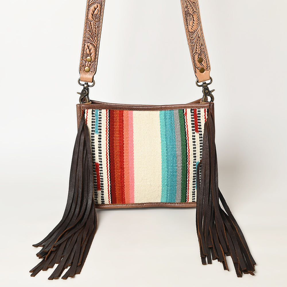 ADBG324 Southwestern Wool Saddle Blanket Messenger Bag with Tooled Leather Strap & Fringe