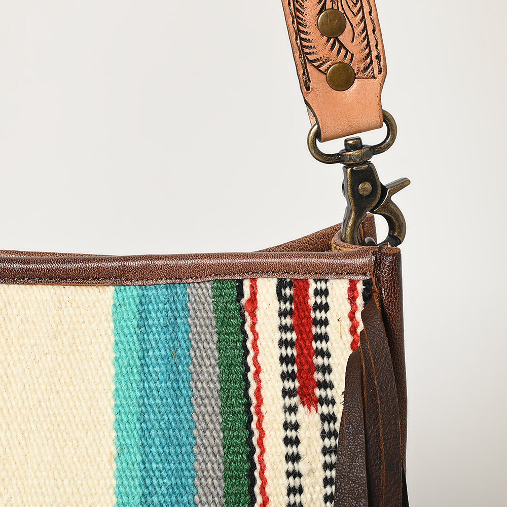 ADBG324 Southwestern Wool Saddle Blanket Messenger Bag with Tooled Leather Strap & Fringe