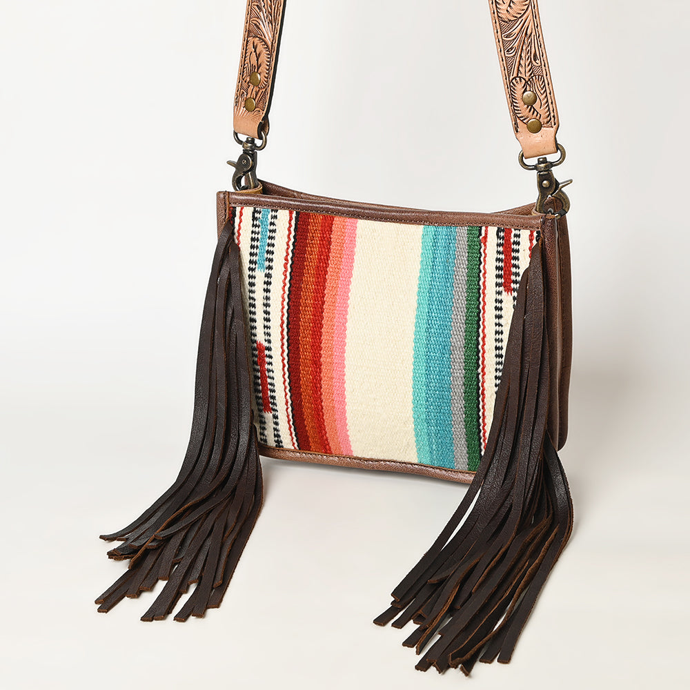 ADBG324 Southwestern Wool Saddle Blanket Messenger Bag with Tooled Leather Strap & Fringe