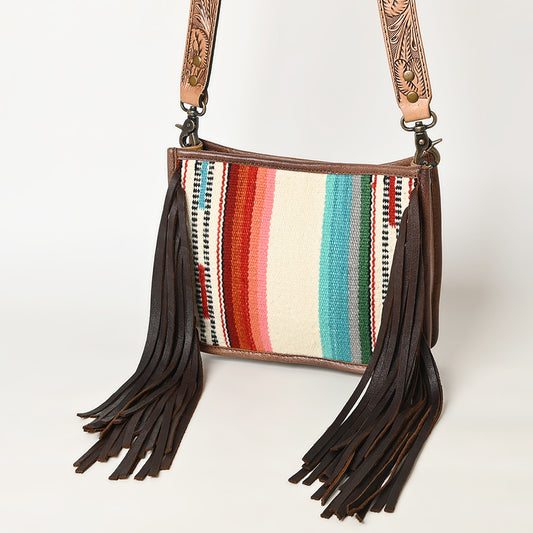 ADBG324 Southwestern Wool Saddle Blanket Messenger Bag with Tooled Leather Strap & Fringe