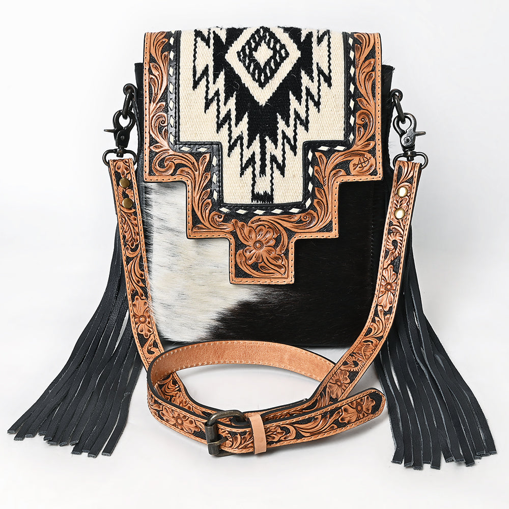 LC-ADBG856 Western Cowhide & Saddle Blanket Messenger Bag with Hand-Tooled Leather and Fringe American Darling