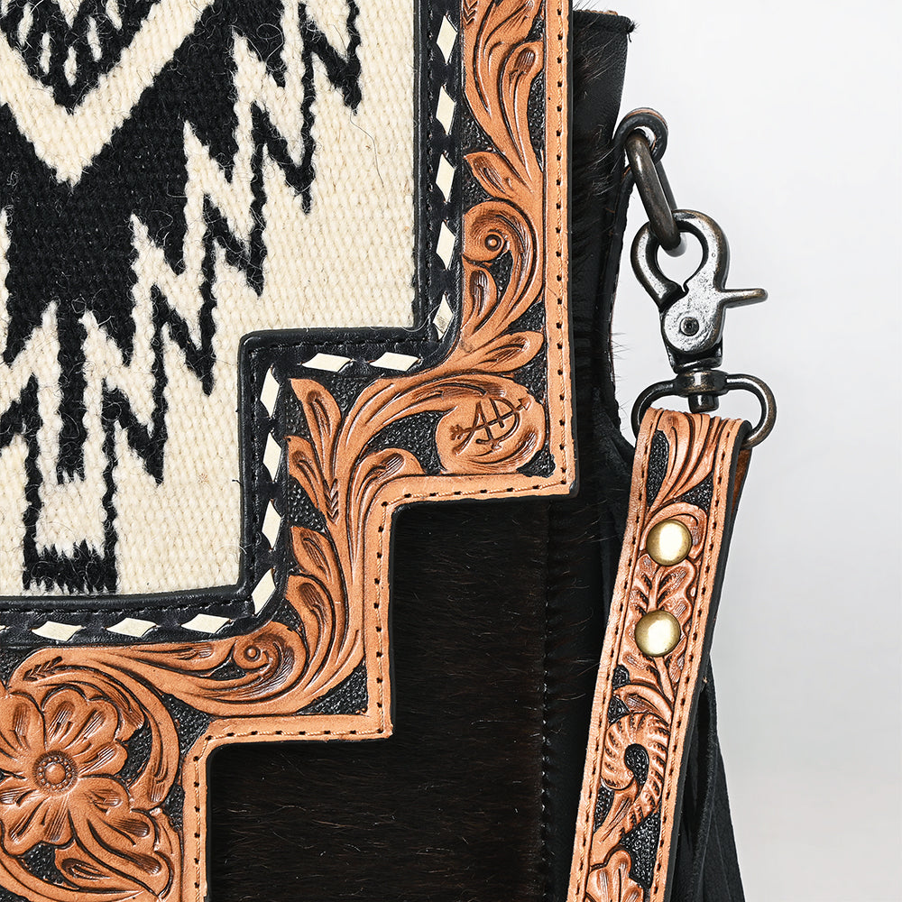 LC-ADBG856 Western Cowhide & Saddle Blanket Messenger Bag with Hand-Tooled Leather and Fringe American Darling