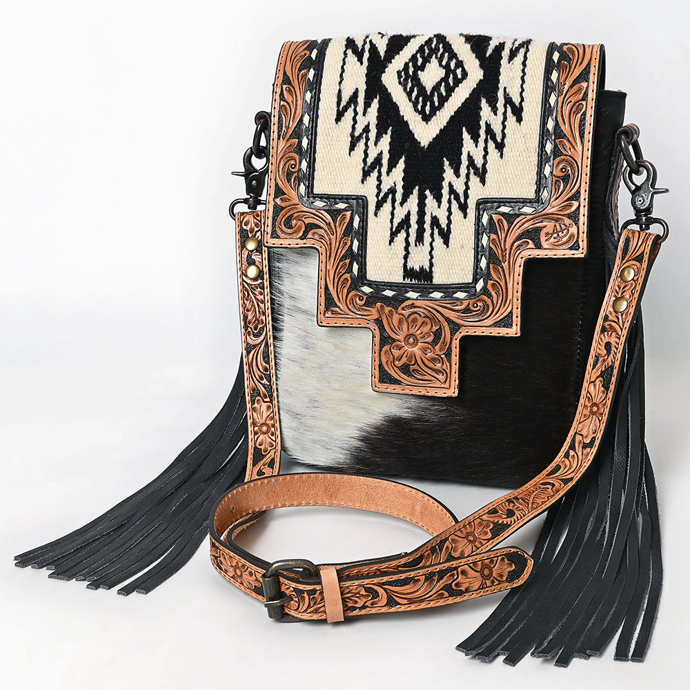 LC-ADBG856 Western Cowhide & Saddle Blanket Messenger Bag with Hand-Tooled Leather and Fringe American Darling