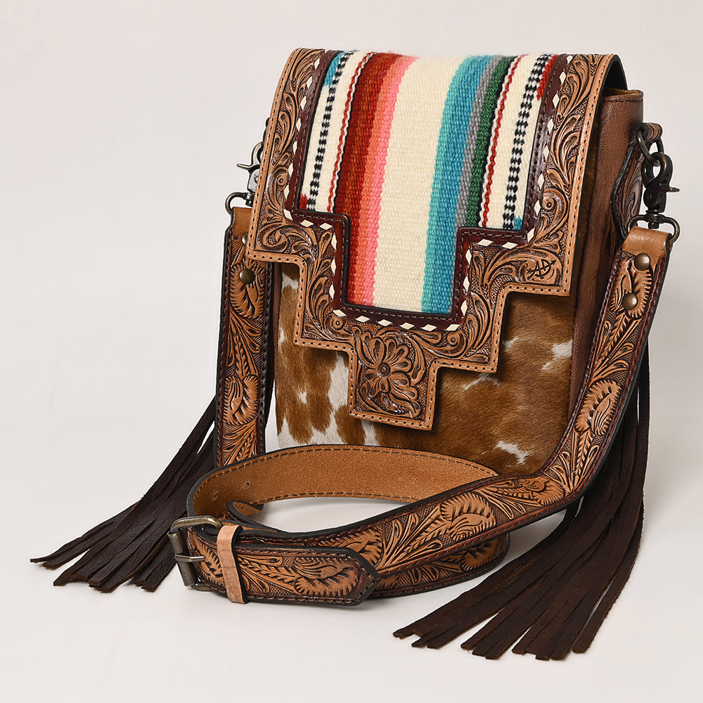 ADBG856 American Darling Hand Tooled Floral & Cowhide Messenger Bag with Saddle Blanket