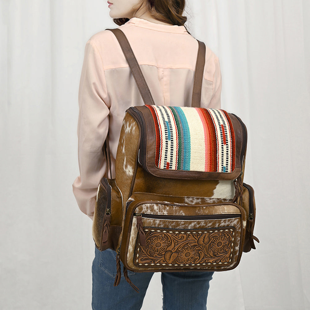 ADBG860 Western Wool & Cowhide Backpack with Tooled Leather Accent Pocket