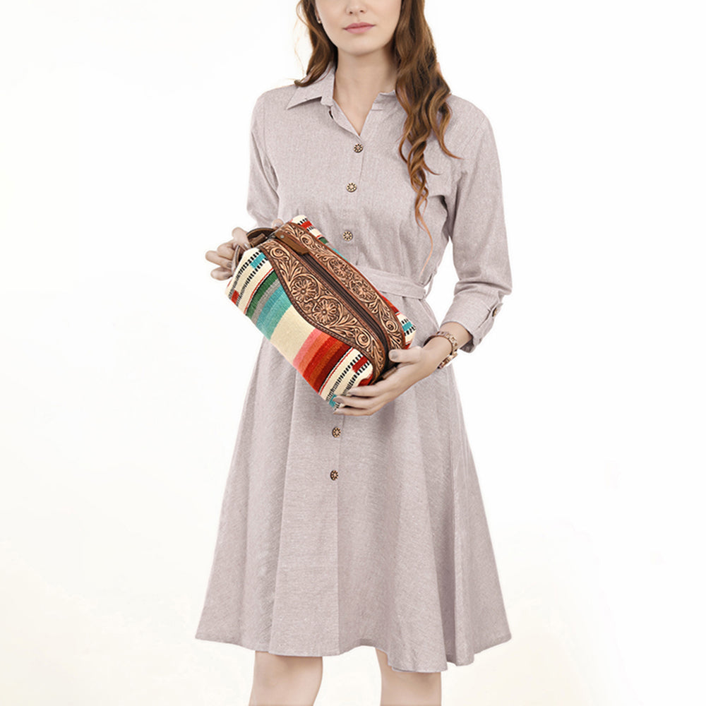 ADBG995 Western Saddle Blanket Toiletry Bag with Tooled Leather Trim American Darling Travel Case