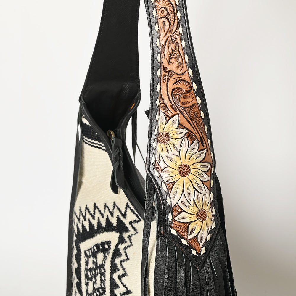 ADBG1390 American Darling Western Leather Hobo Bag with Fringe & Handwoven Saddle Blanket - Genuine Leather Tote