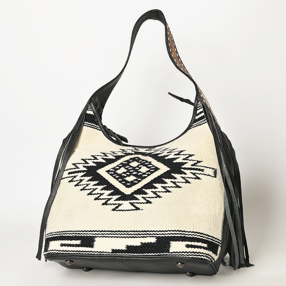 ADBG1390 American Darling Western Leather Hobo Bag with Fringe & Handwoven Saddle Blanket - Genuine Leather Tote