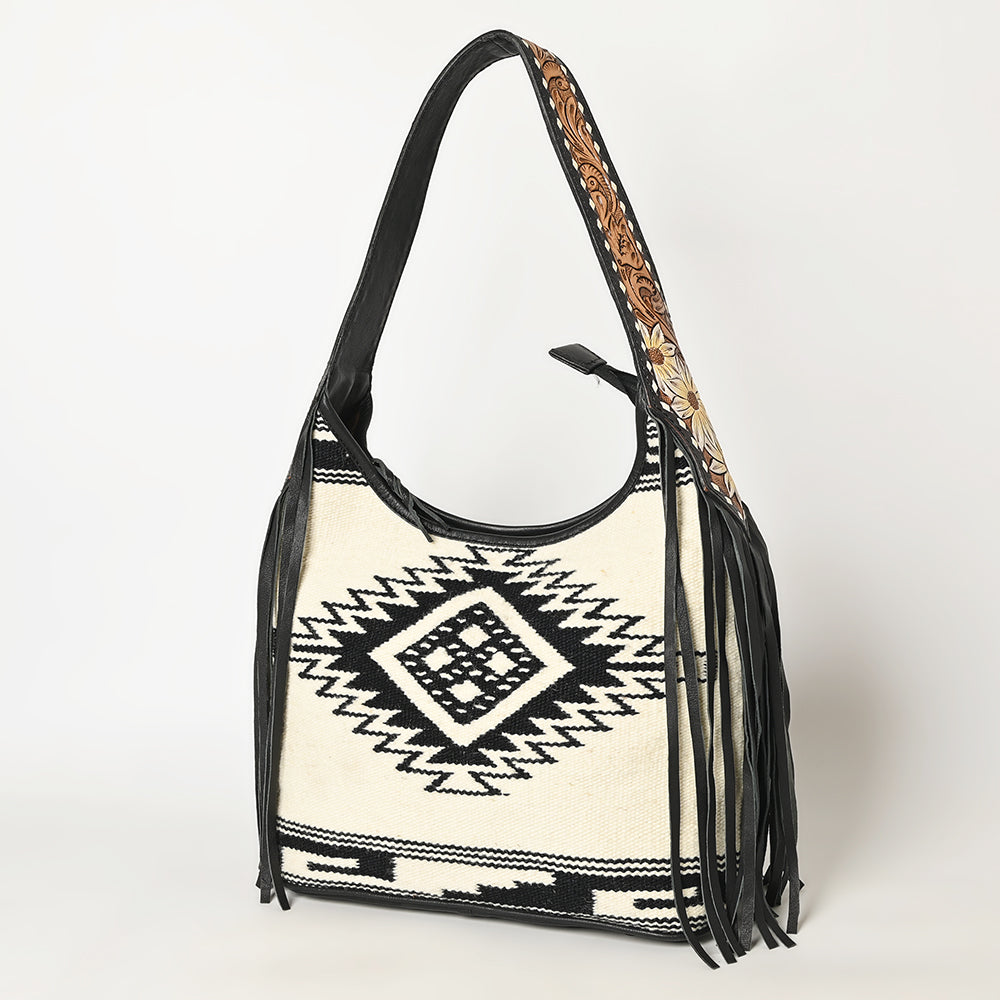ADBG1390 American Darling Western Leather Hobo Bag with Fringe & Handwoven Saddle Blanket - Genuine Leather Tote
