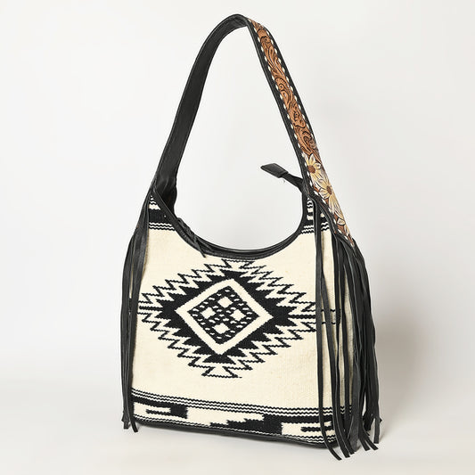 ADBG1390 American Darling Western Leather Hobo Bag with Fringe & Handwoven Saddle Blanket - Genuine Leather Tote