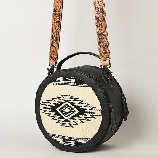 ADBG1391 American Darling Western Leather Canteen Bag with Hand Woven Saddle Blanket & Tooled Strap