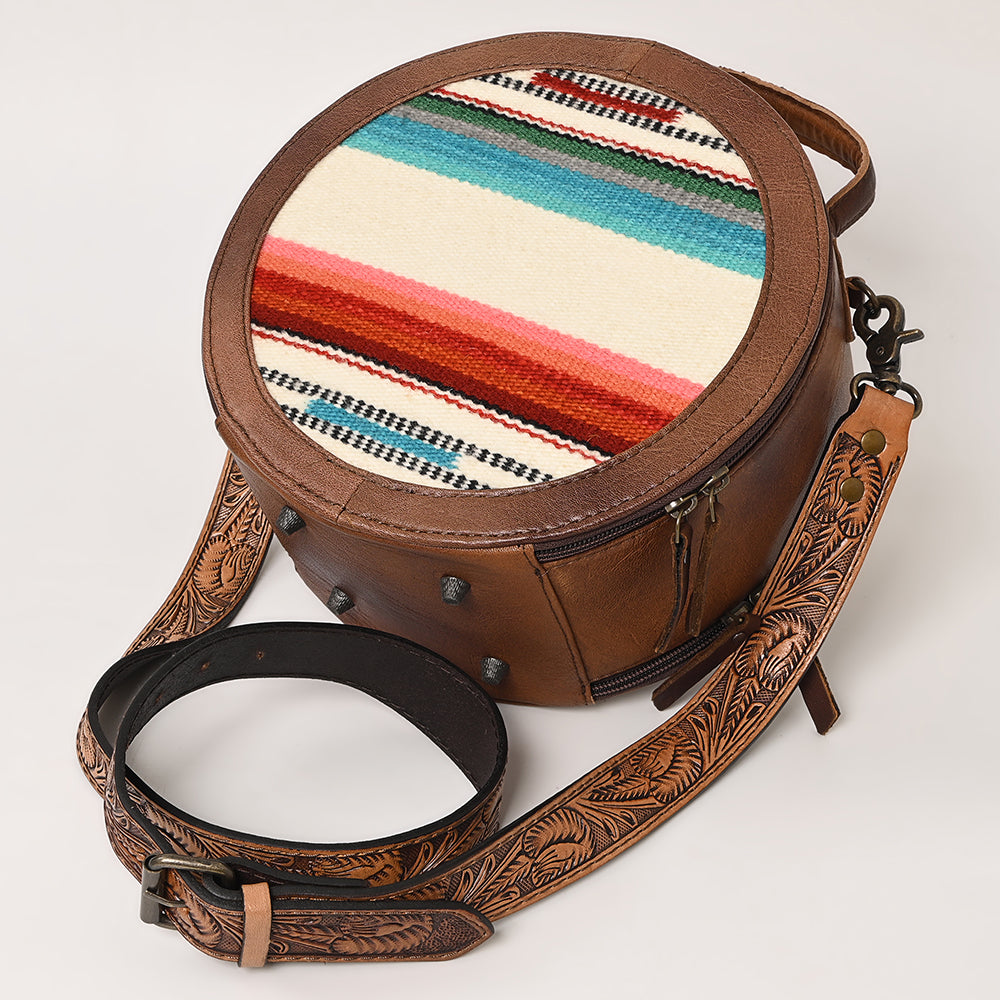 ADBG1391 American Darling Western Leather Canteen Bag with Hand Woven Saddle Blanket & Tooled Strap