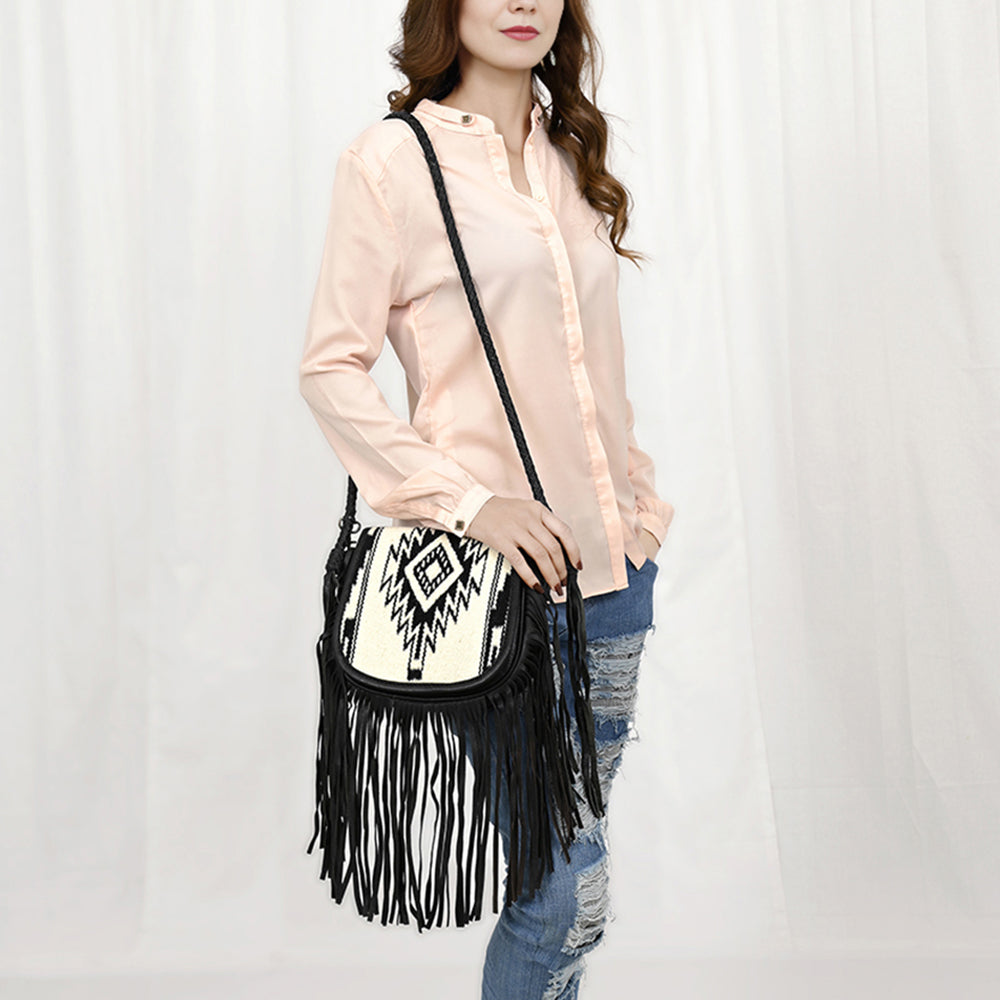 ADBG1392 American Darling Western Leather Crossbody Bag with Fringe & Hand Woven Saddle Blanket Panel