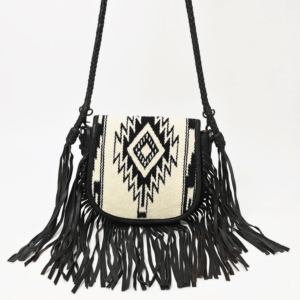 ADBG1392 American Darling Western Leather Crossbody Bag with Fringe & Hand Woven Saddle Blanket Panel