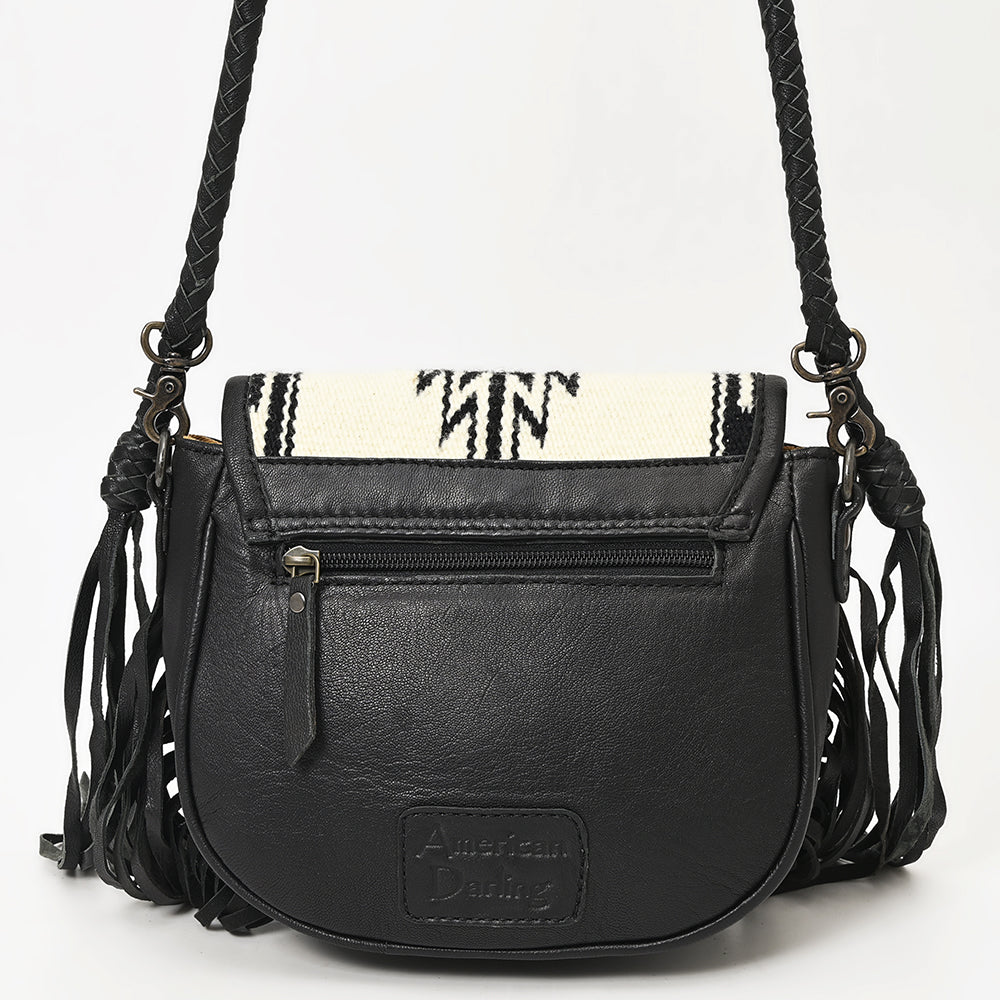 ADBG1392 American Darling Western Leather Crossbody Bag with Fringe & Hand Woven Saddle Blanket Panel