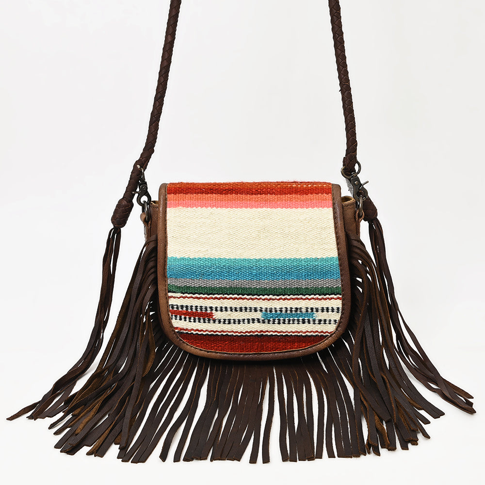 ADBG1392 American Darling Western Leather Crossbody Bag with Fringe & Hand Woven Saddle Blanket Panel