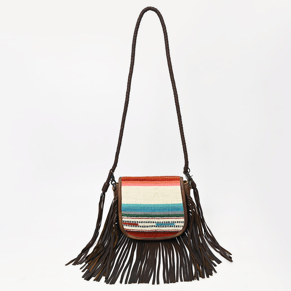ADBG1392 American Darling Western Leather Crossbody Bag with Fringe & Hand Woven Saddle Blanket Panel