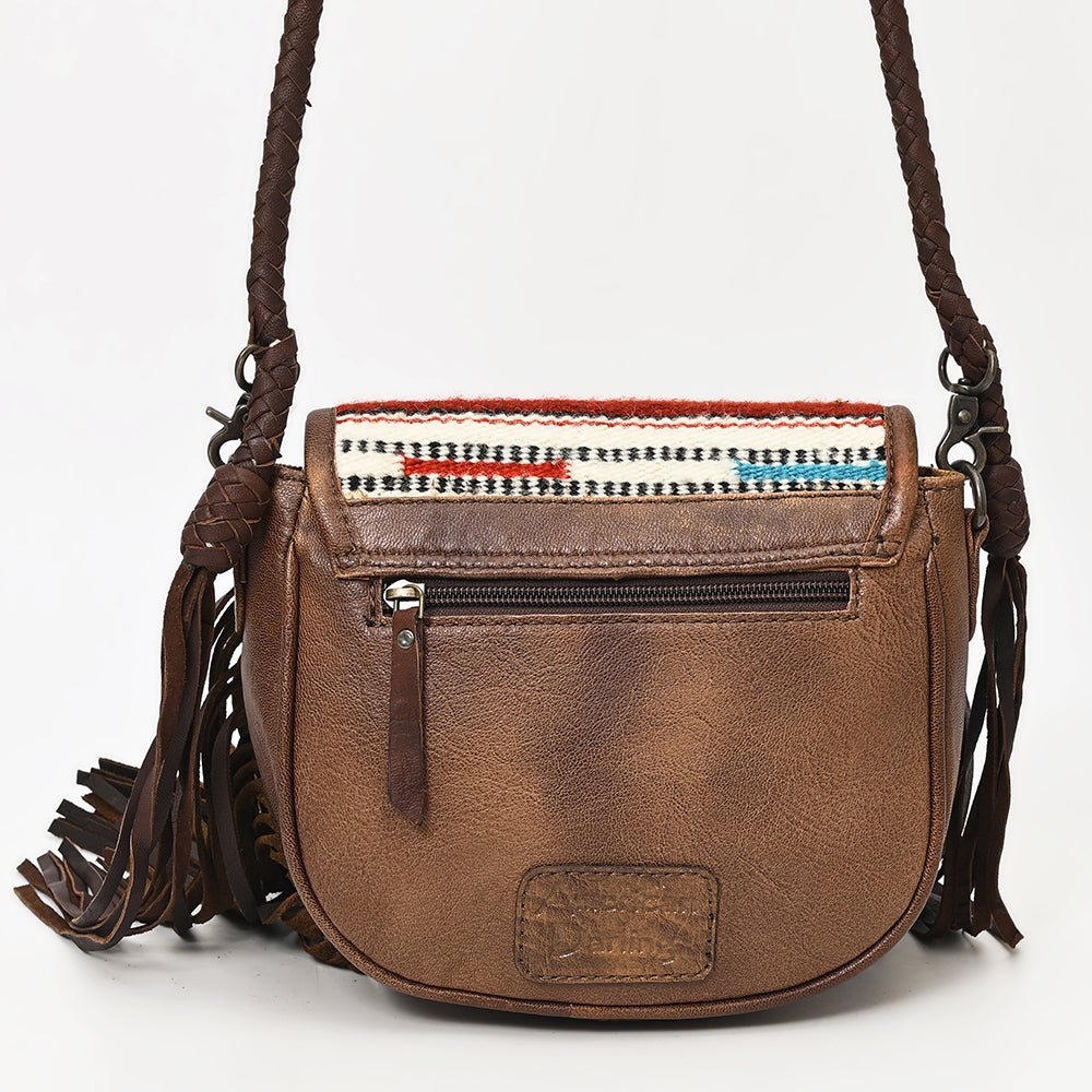 ADBG1392 American Darling Western Leather Crossbody Bag with Fringe & Hand Woven Saddle Blanket Panel