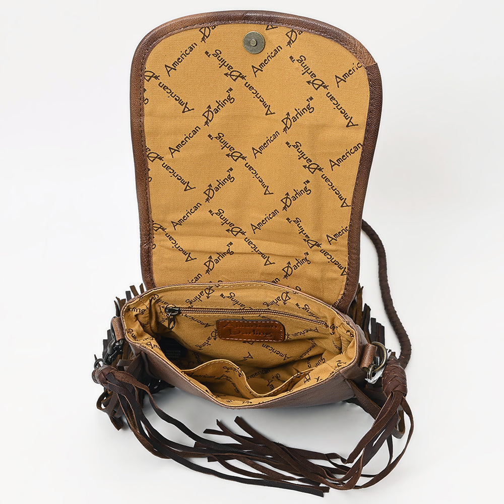 ADBG1392 American Darling Western Leather Crossbody Bag with Fringe & Hand Woven Saddle Blanket Panel