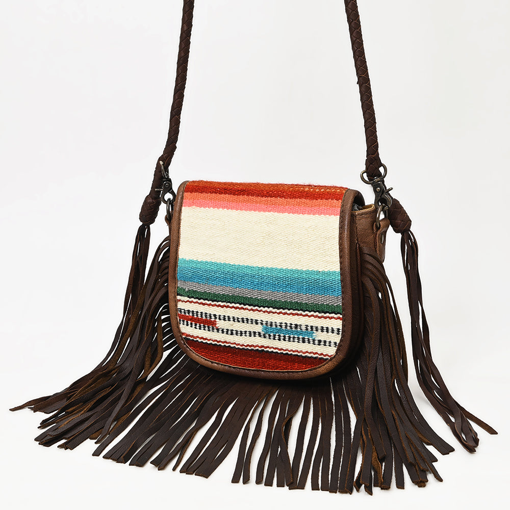 ADBG1392 American Darling Western Leather Crossbody Bag with Fringe & Hand Woven Saddle Blanket Panel