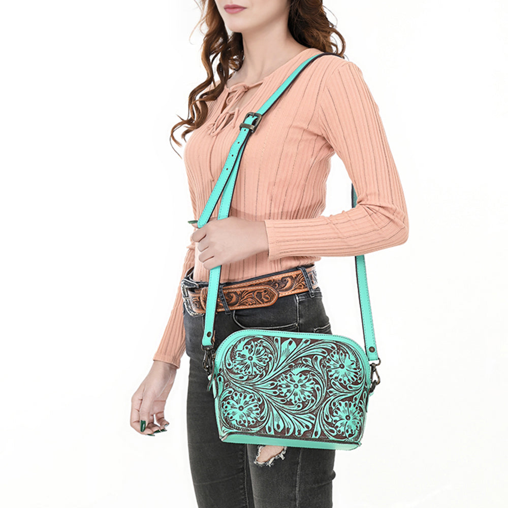 LC-ADBGZ786B Hand-Tooled Turquoise Leather Crossbody Bag - Compact Western Floral Design