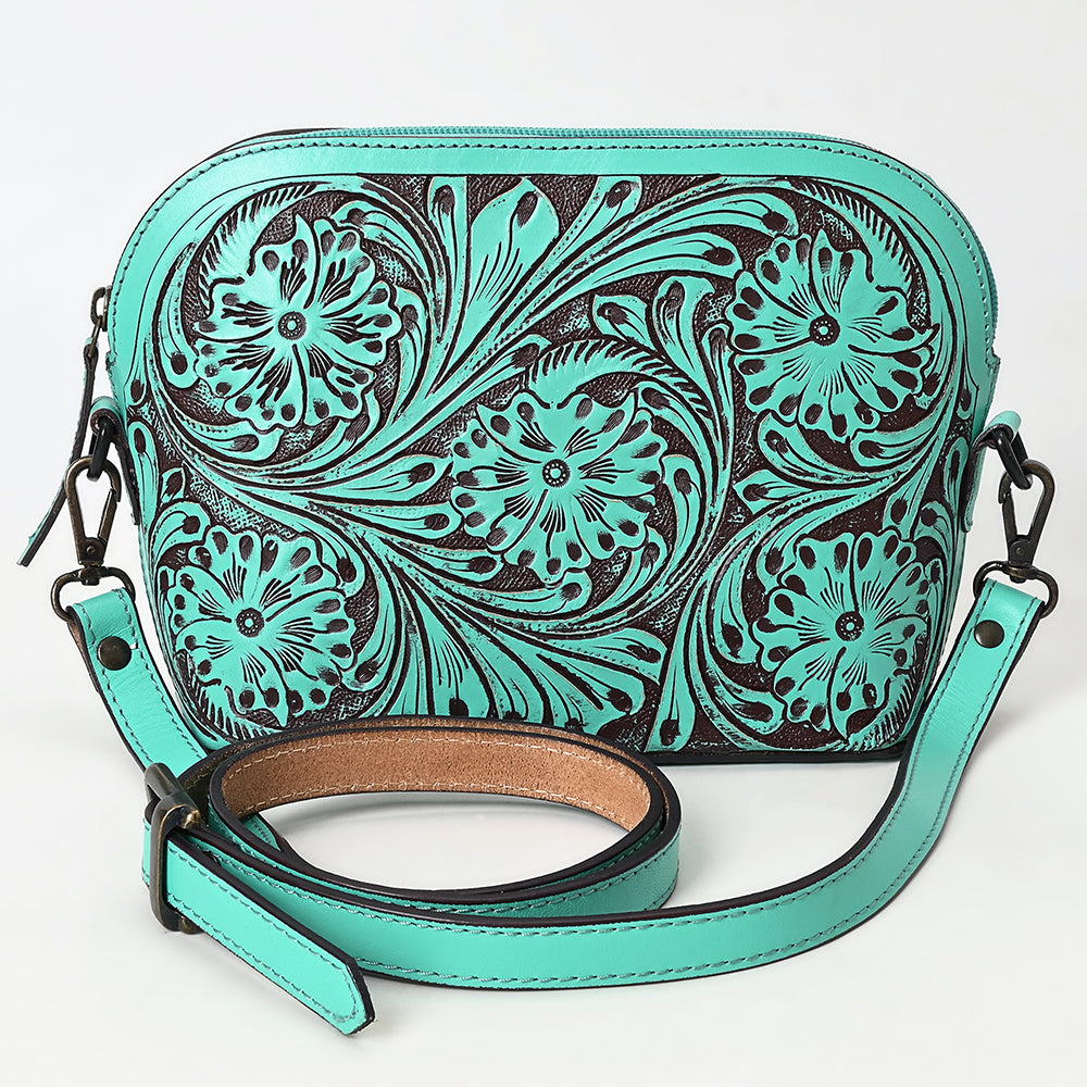 LC-ADBGZ786B Hand-Tooled Turquoise Leather Crossbody Bag - Compact Western Floral Design
