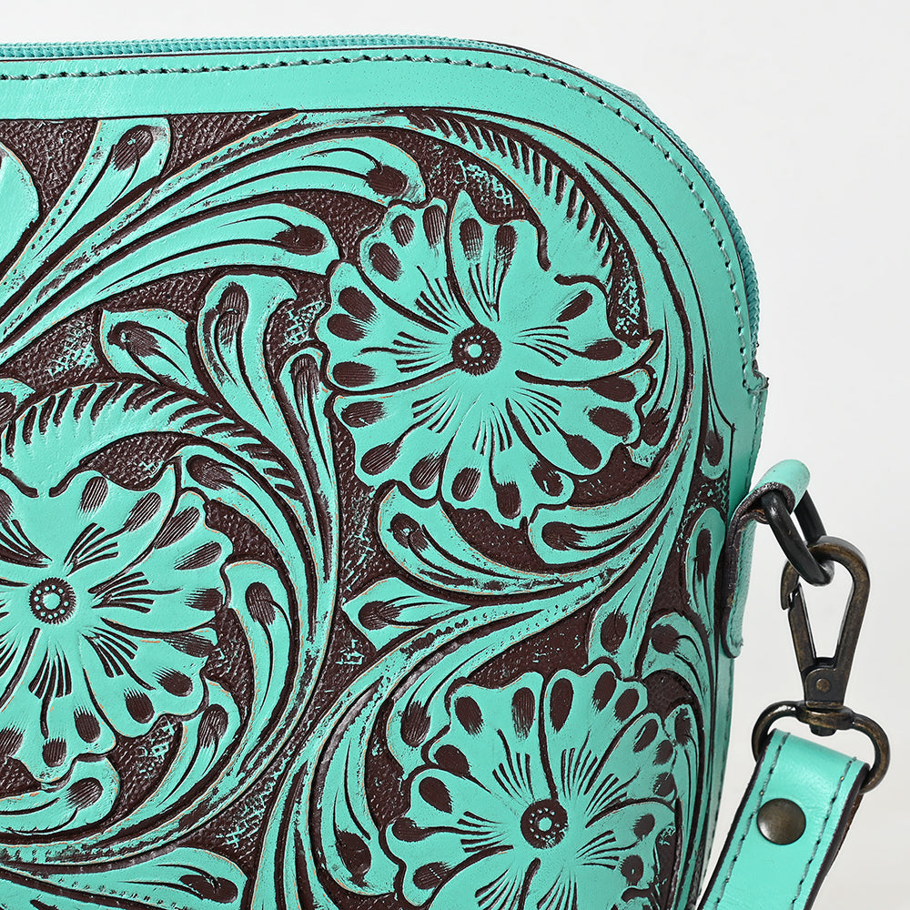 LC-ADBGZ786B Hand-Tooled Turquoise Leather Crossbody Bag - Compact Western Floral Design