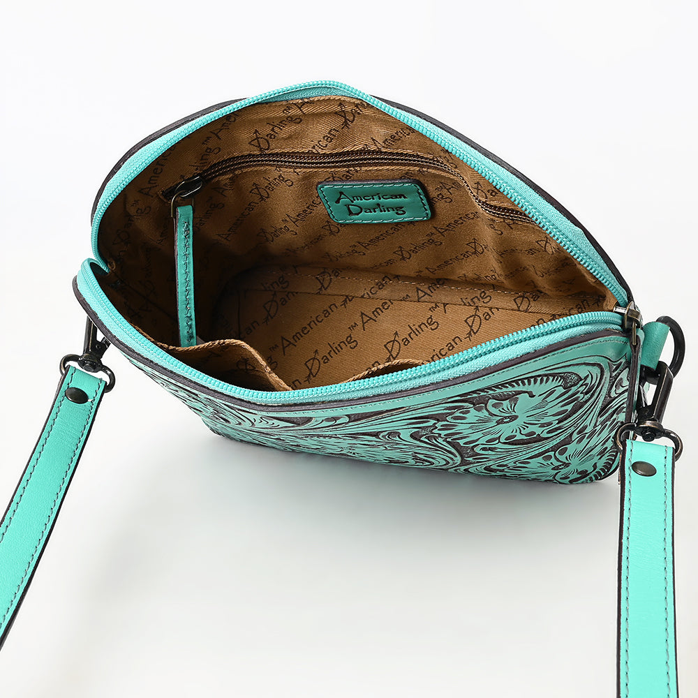 LC-ADBGZ786B Hand-Tooled Turquoise Leather Crossbody Bag - Compact Western Floral Design