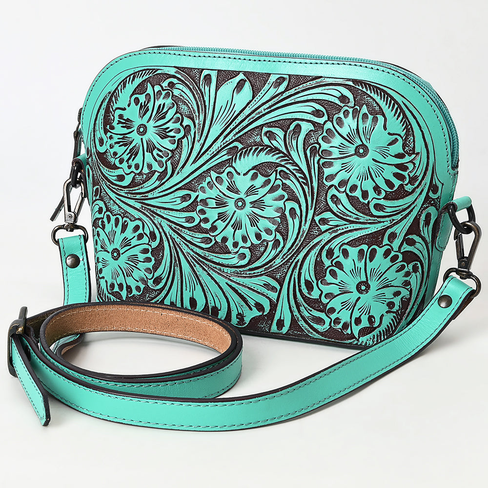 LC-ADBGZ786B Hand-Tooled Turquoise Leather Crossbody Bag - Compact Western Floral Design