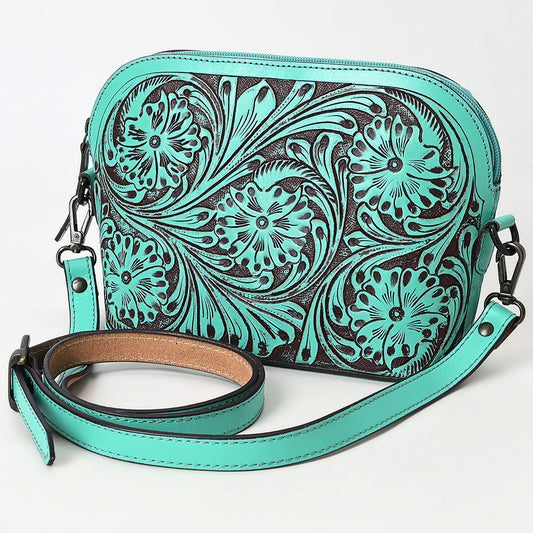 LC-ADBGZ786B Hand-Tooled Turquoise Leather Crossbody Bag - Compact Western Floral Design