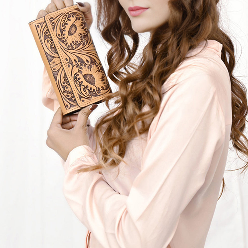 ADBGZ788 Hand-Tooled Leather Long Wallet - Western Floral Design
