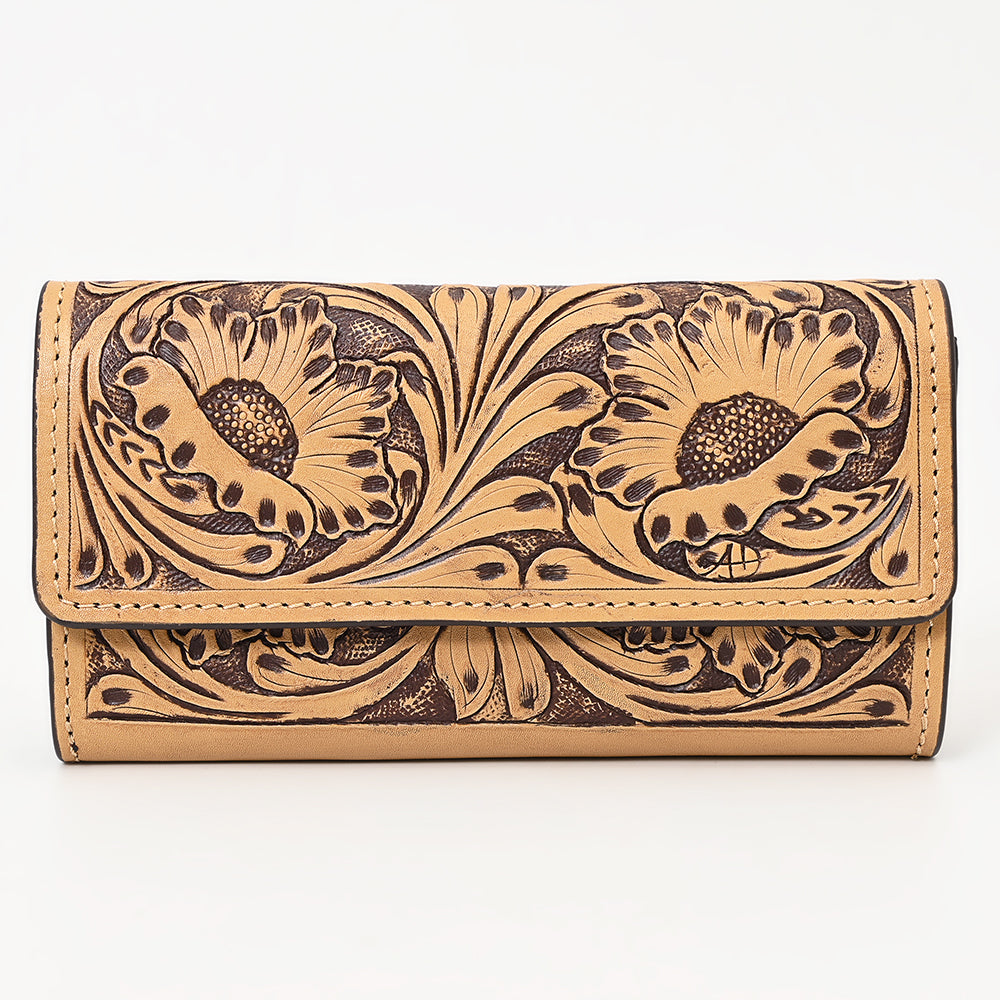 ADBGZ788 Hand-Tooled Leather Long Wallet - Western Floral Design