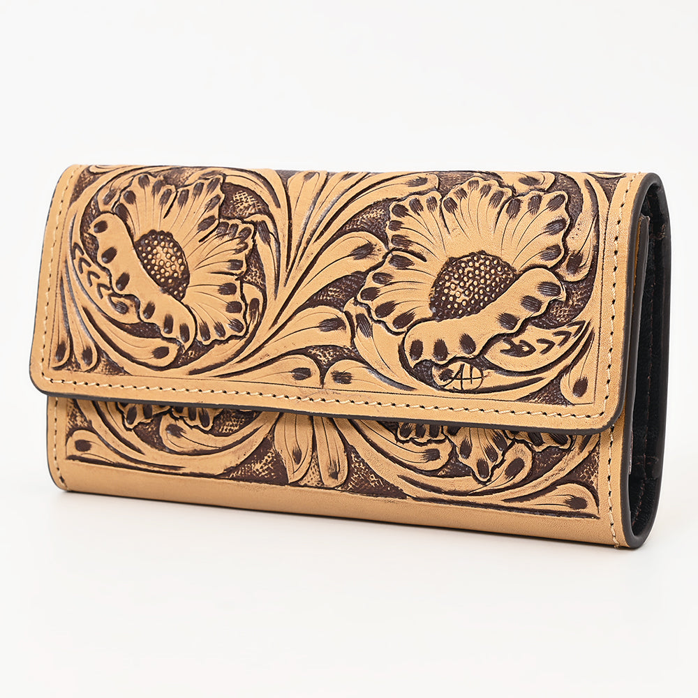 ADBGZ788 Hand-Tooled Leather Long Wallet - Western Floral Design