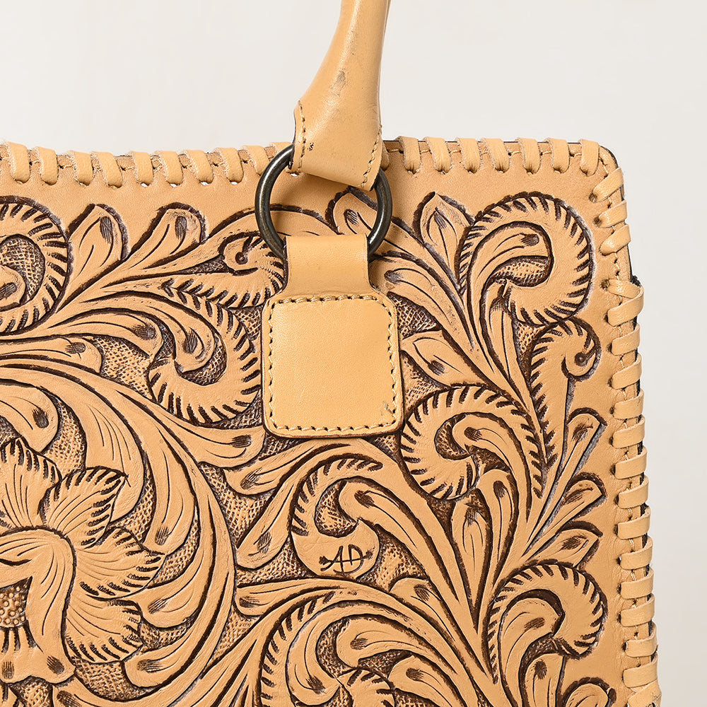 ADBGZ793 Hand-Tooled Western Leather Tote Bag - Floral Carving with Whipstitch Edges